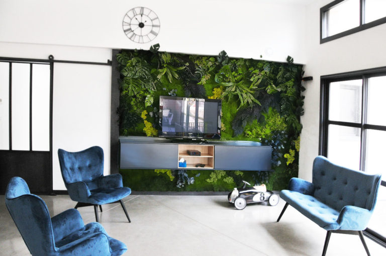 Mur végétal stabilisé autour d'un meuble TV