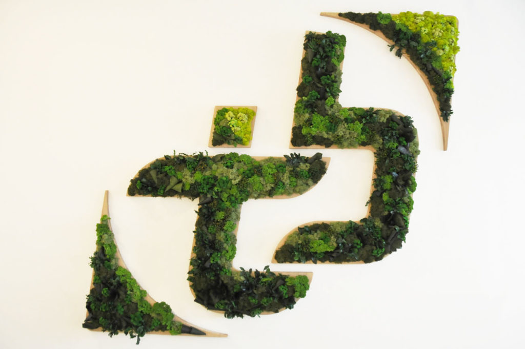 Logo végétal en bois avec lichens et feuillages stabiliséss